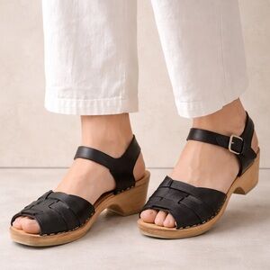 Swedish Wooden Clogs Black Leather Platform Sandals Boho Minimalist EU 37